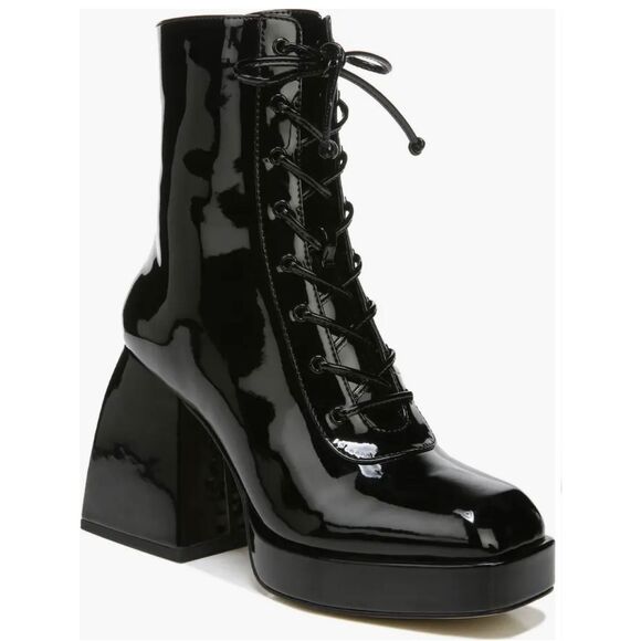 Sam Edelman Circus NY Black Patent Leather Heeled Boots Size 8 Retro Style - Picture 1 of 10